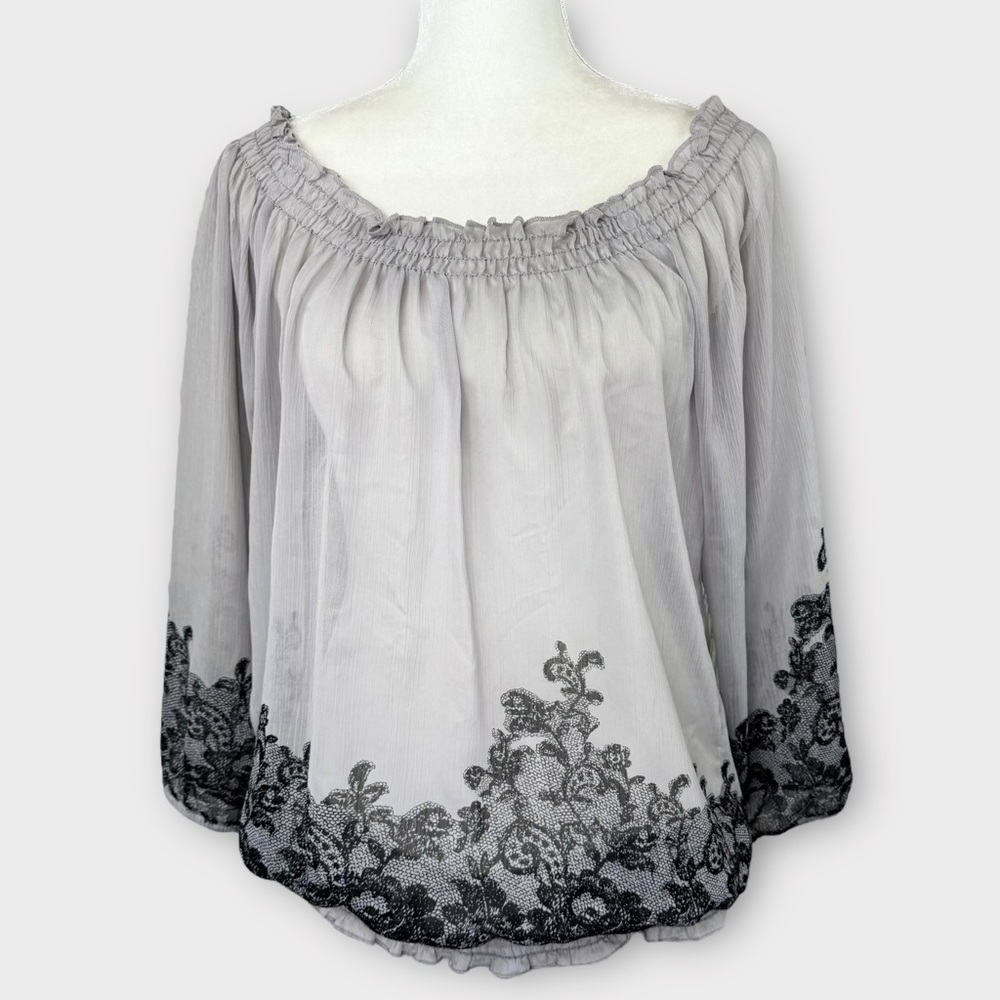 Maurices light gray & black sheer blouse M lace print elastic waist off shoulder